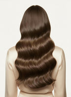 Person with long, wavy brown hair on a plain background