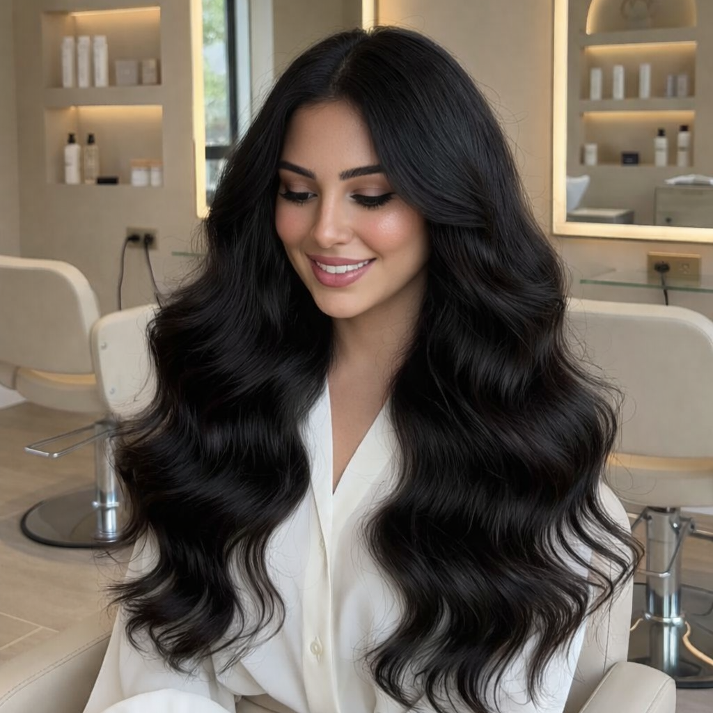 Woman with long, wavy hair in a salon setting