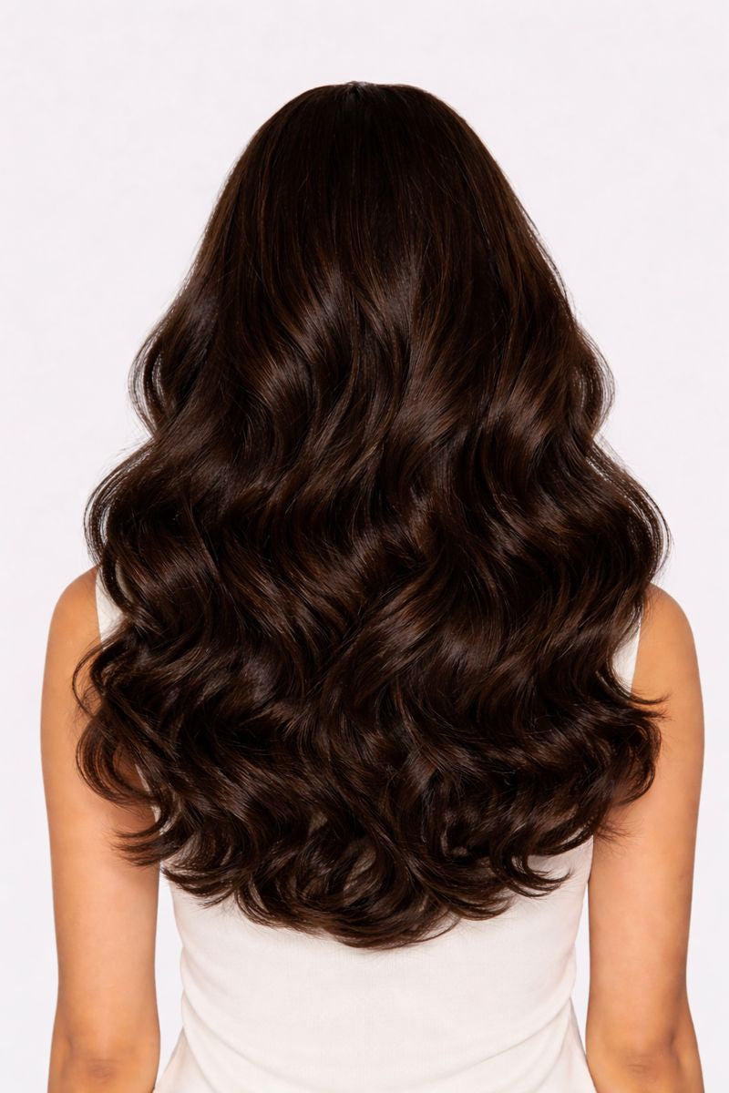 Long, wavy, dark brown hair on a white background